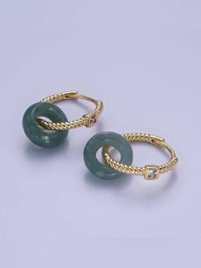 14K Gold Filled Green Jade Donut Drop CZ Croissant Earrings